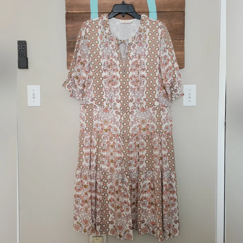 Tory Burch Multicolor Hicks Garden Serena 100% Silk Tiered Short Sleeve Dress 2